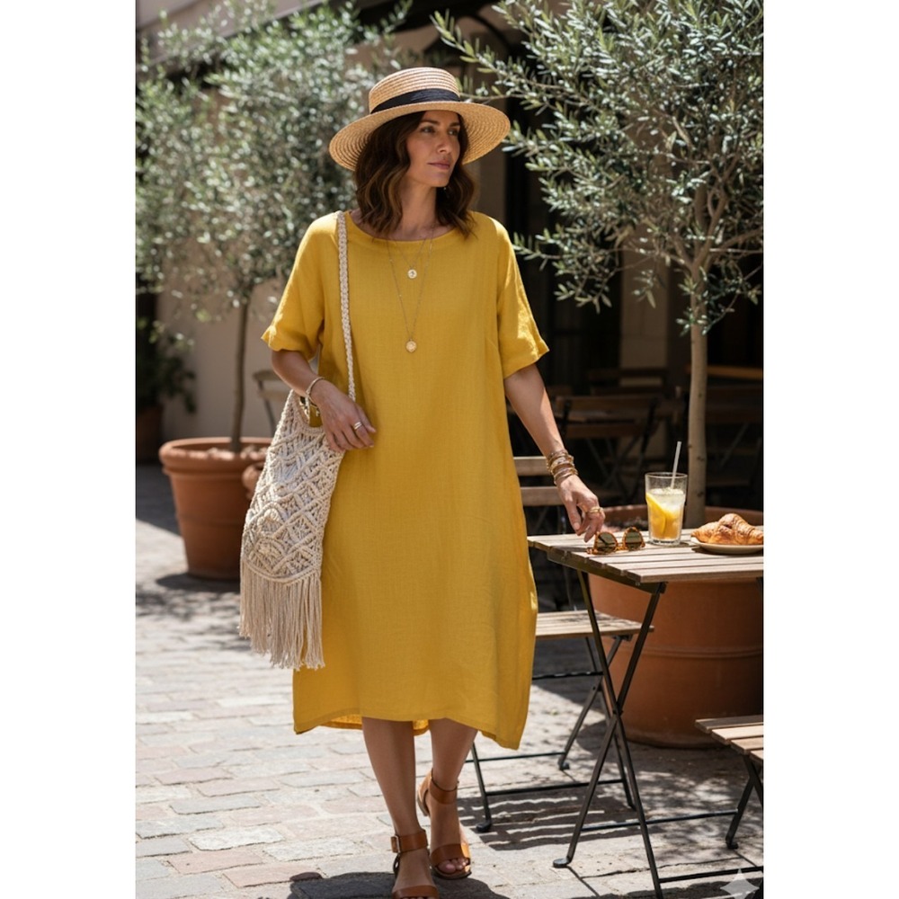 Yuvita Dress Womens‎ XS Yellow Linen Tunic Short Sleeve Pockets Oversized Boho